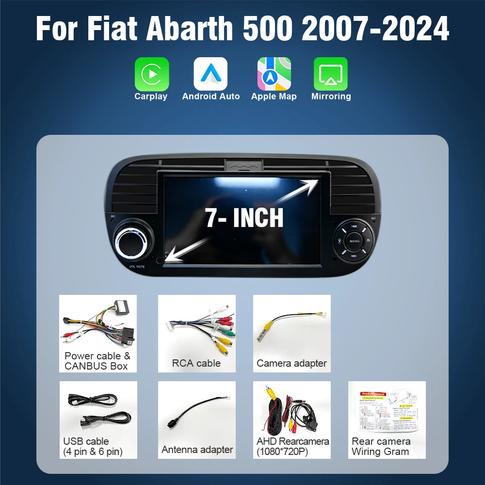 AUTOTOP 7" YouTube draadloze CarPlay autoradio voor FIAT Abarth 500 2007-2017, Android Auto multimediascherm, navigatie, achteruitrijcamera