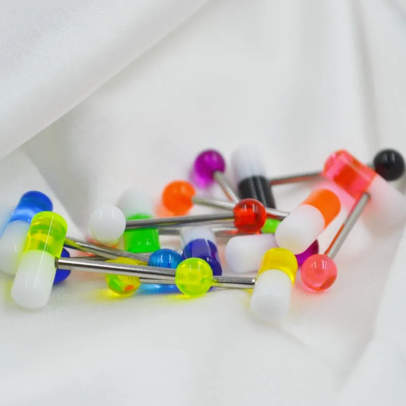 50pcs/Lot Pill Shape Tongue Ring Bar Nipple Straight Barbells Acrylic Balls Body Piercing Jewelry 1.6X16mmx7mm