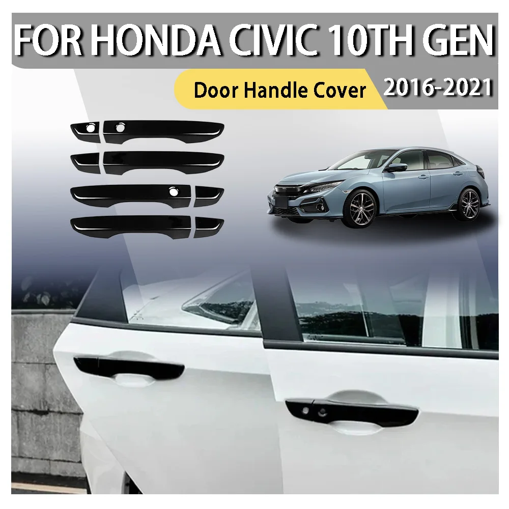 Door Handle Cover For Honda Civic 10th Gen 2016-2021 Car Carbon Fiber Style Black Exterior Trim w/Keyless Entry Decor