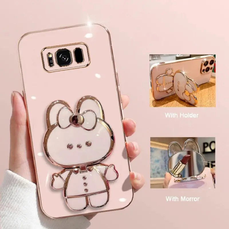 Makeup Mirror Phone Case For Samsung Galaxy S8 Plus Plating Cartoon Rabbit Folding Bracket Phone Protection Case Cover