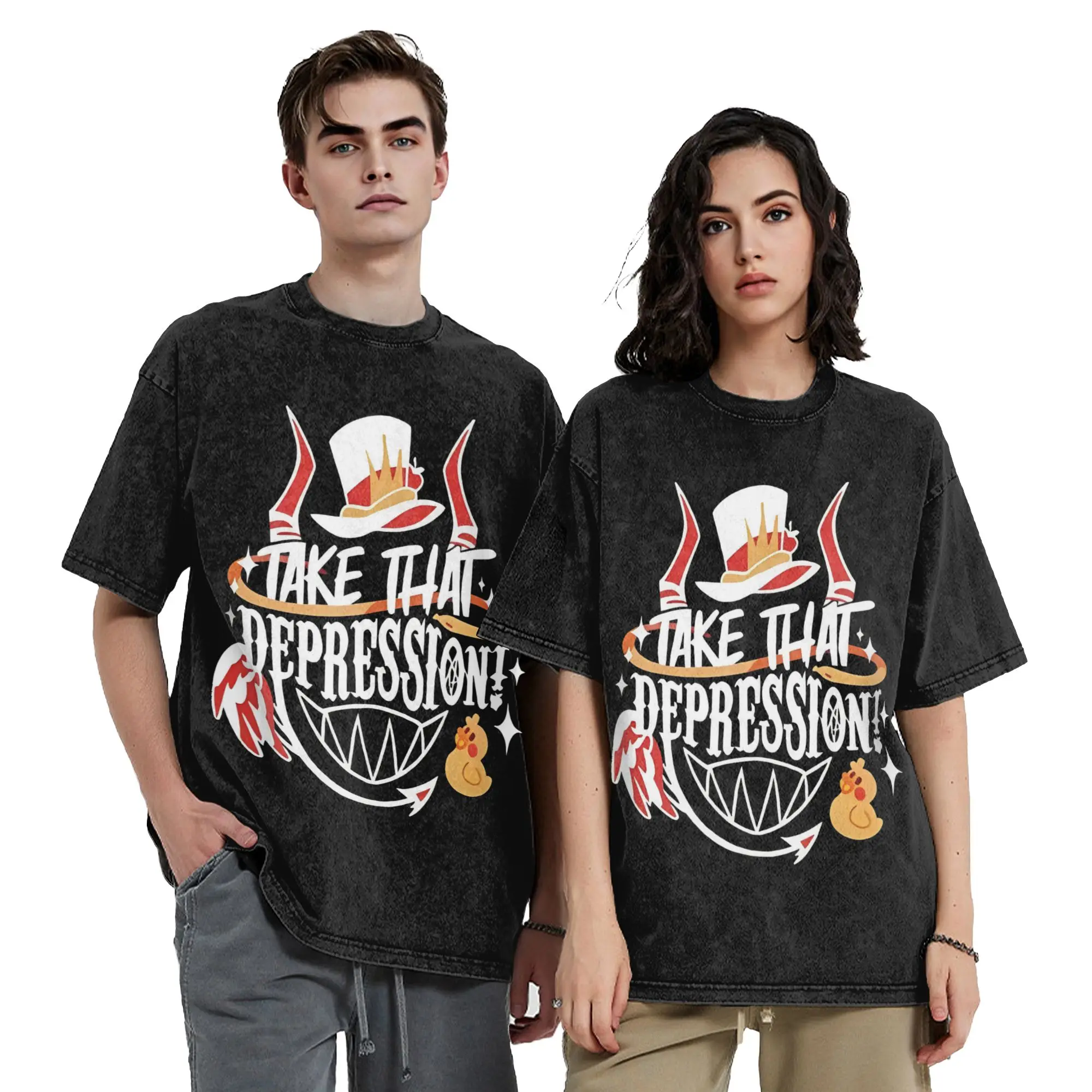 Take That Depression Alastor Anime T Shirt Washed Short Sleeve T-Shirts Hazbined Hotels for Men Women Tops Streetwear Tee Shirt