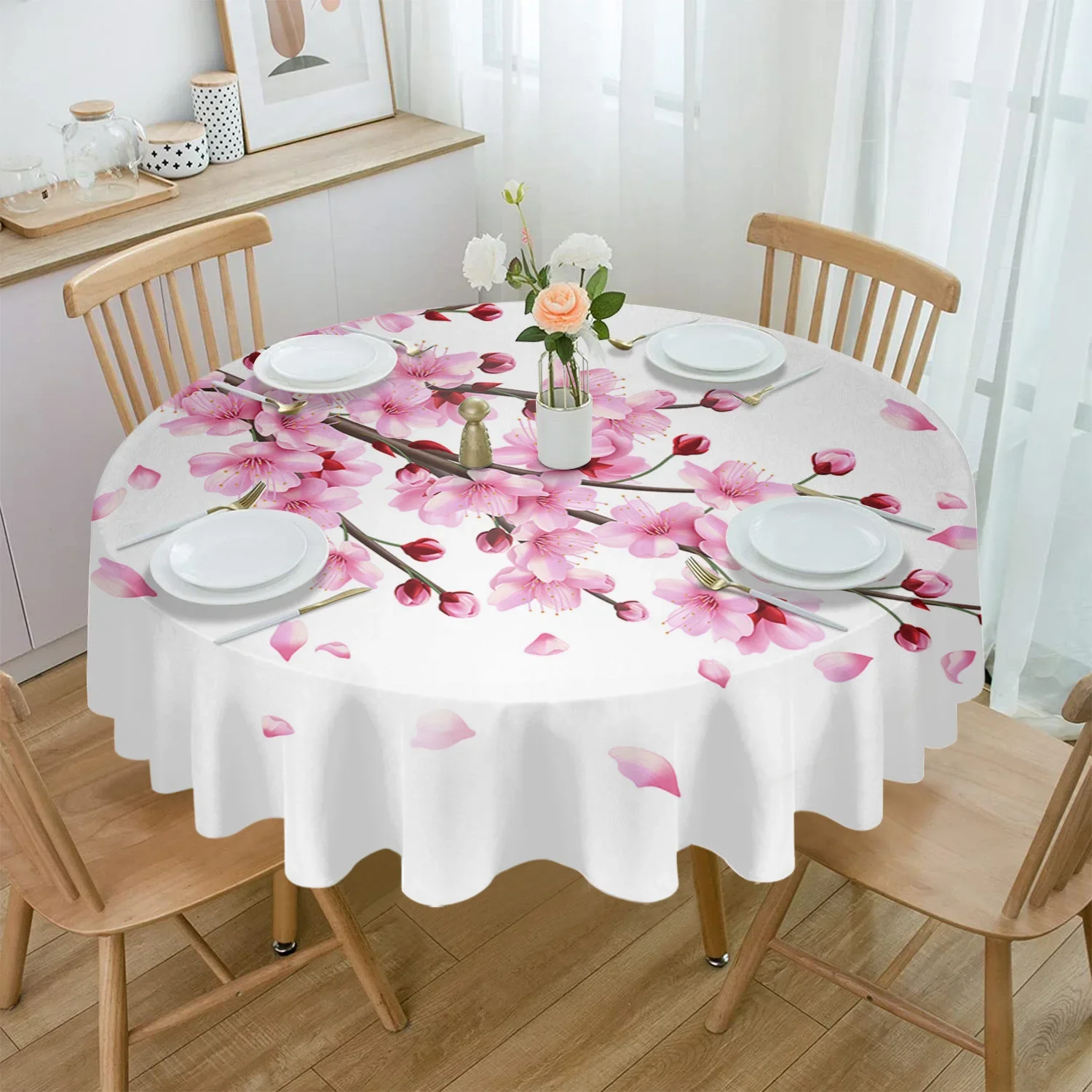 Spring Cherry Blossom Branch Pink Flower Rectangular Tablecloth Dustproof Picnic Cloth Home Decor Kitchen Waterproof Table Cover