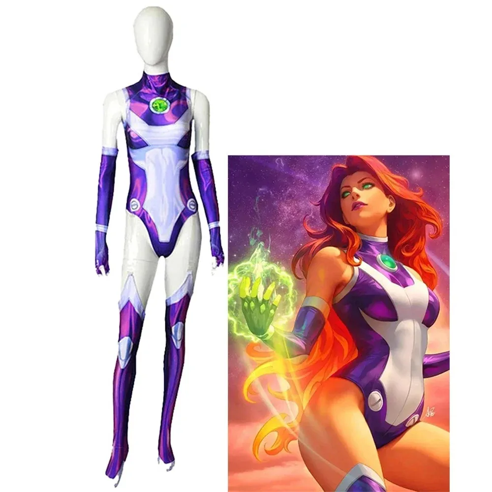 Starfire Teen Cos Titans Superhero Jumpsuit Zentai Bodysuit Halloween Anime Cosplay Costume Sexy Women Carnival Party Outfits