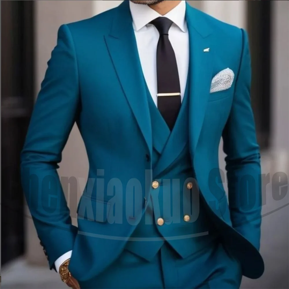

Chic Men's Peak Lapel Suit Set Blazer Vest with Pants Fashion Solid Color Wedding Party Prom Tuxedo Business Casual Male Suit