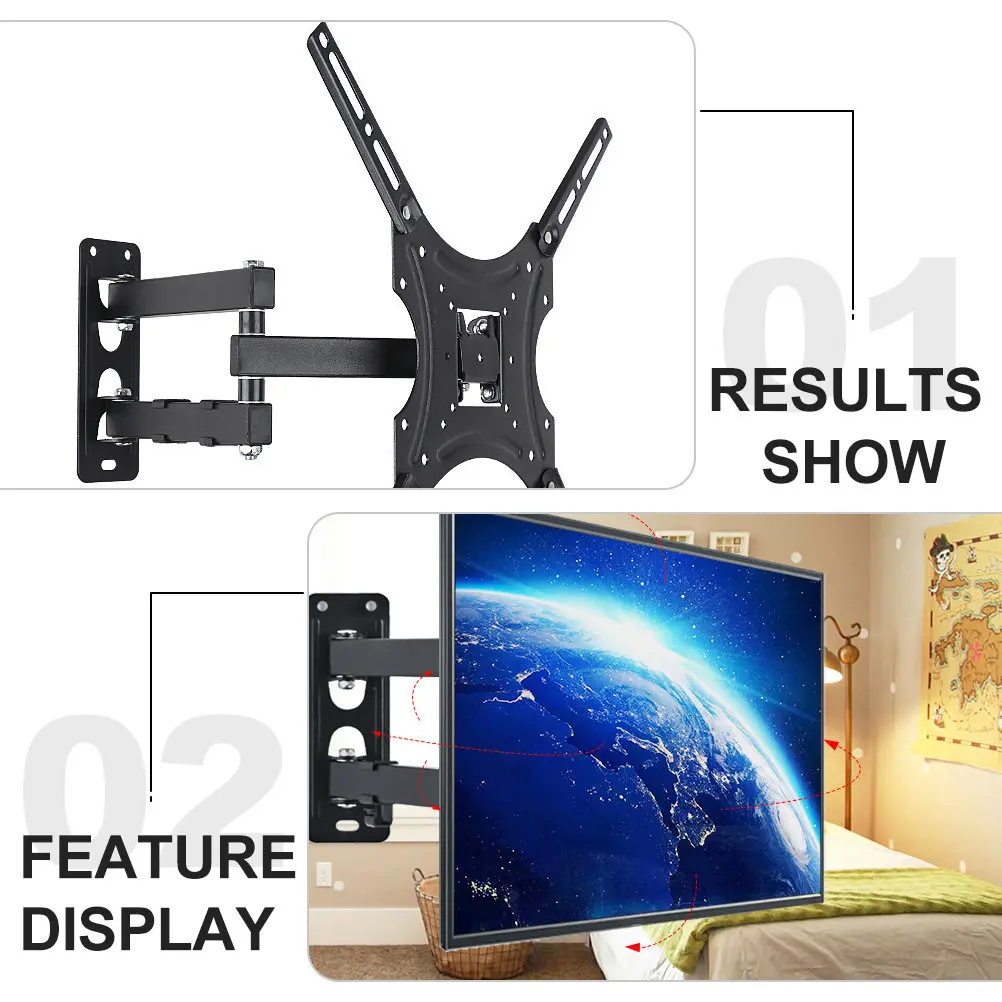 Adjustable Extendable 14-42 Inch TV Wall Mount Stand Rotatable Tilt 15 Degree for Home Bedroom Hotel Milk Tea Shop
