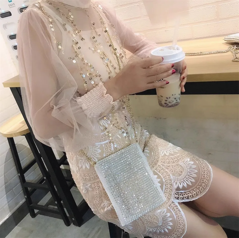 Fashion Mini Mobile Phone Bag Glitter Shiny Rhinestones Diamond Women Handbag Lady Purse Shoulder Crossbody Bag Casual Chain Bag