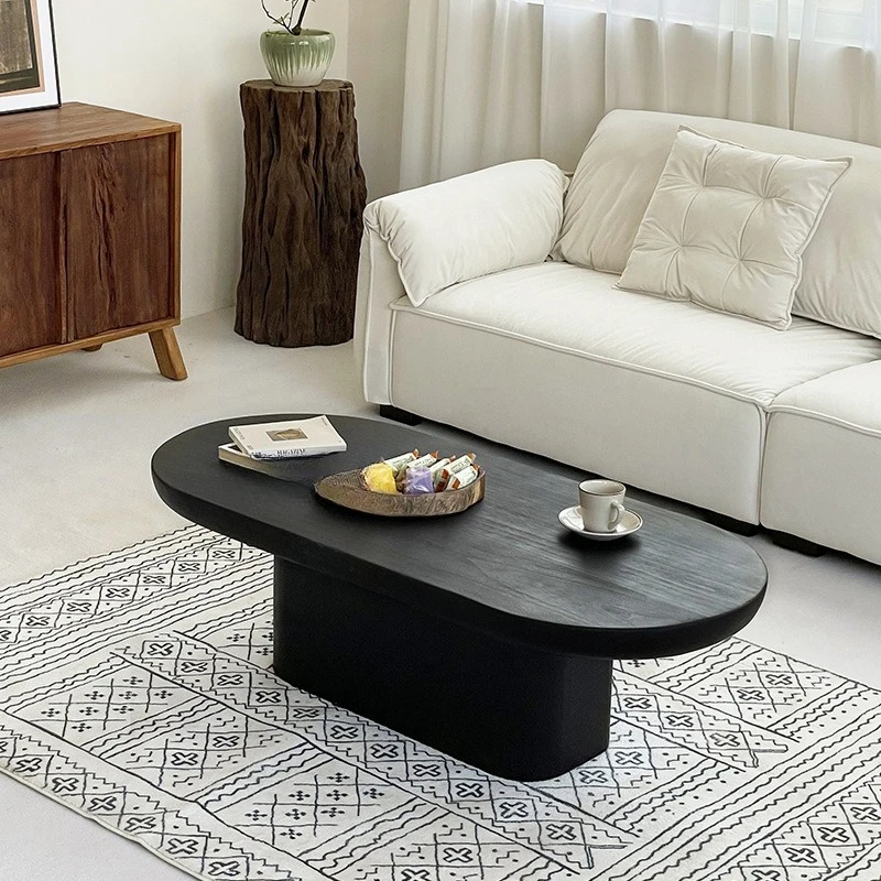 Medieval wabi-sabi black coffee table, solid wood home living room oval tea table