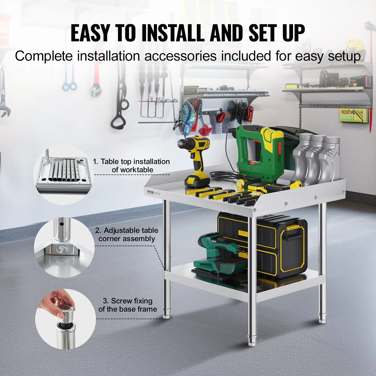 Durable Stainless Steel Work Table 24x28x26in, 3-Sided Backsplash, Screw-Adjustable Shelves, Ideal for Commercial Kitchens