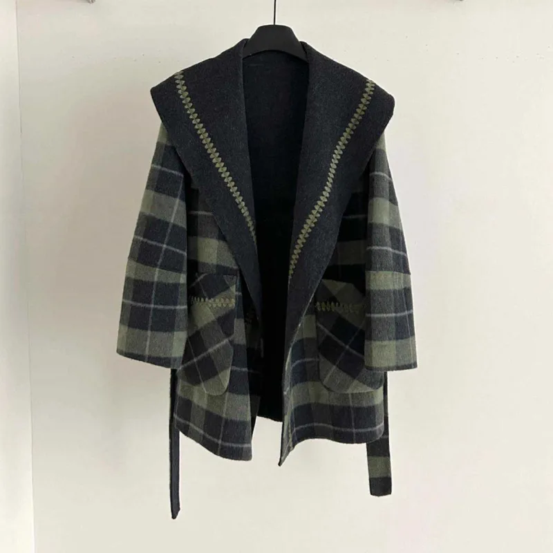 HKSH 2025 Herbst Winter Neue Frauen Doppelseitige Woolen Jacke Plaid drehen-unten Kragen Gürtel Taschen Elegante Trendy Mantel HK13462
