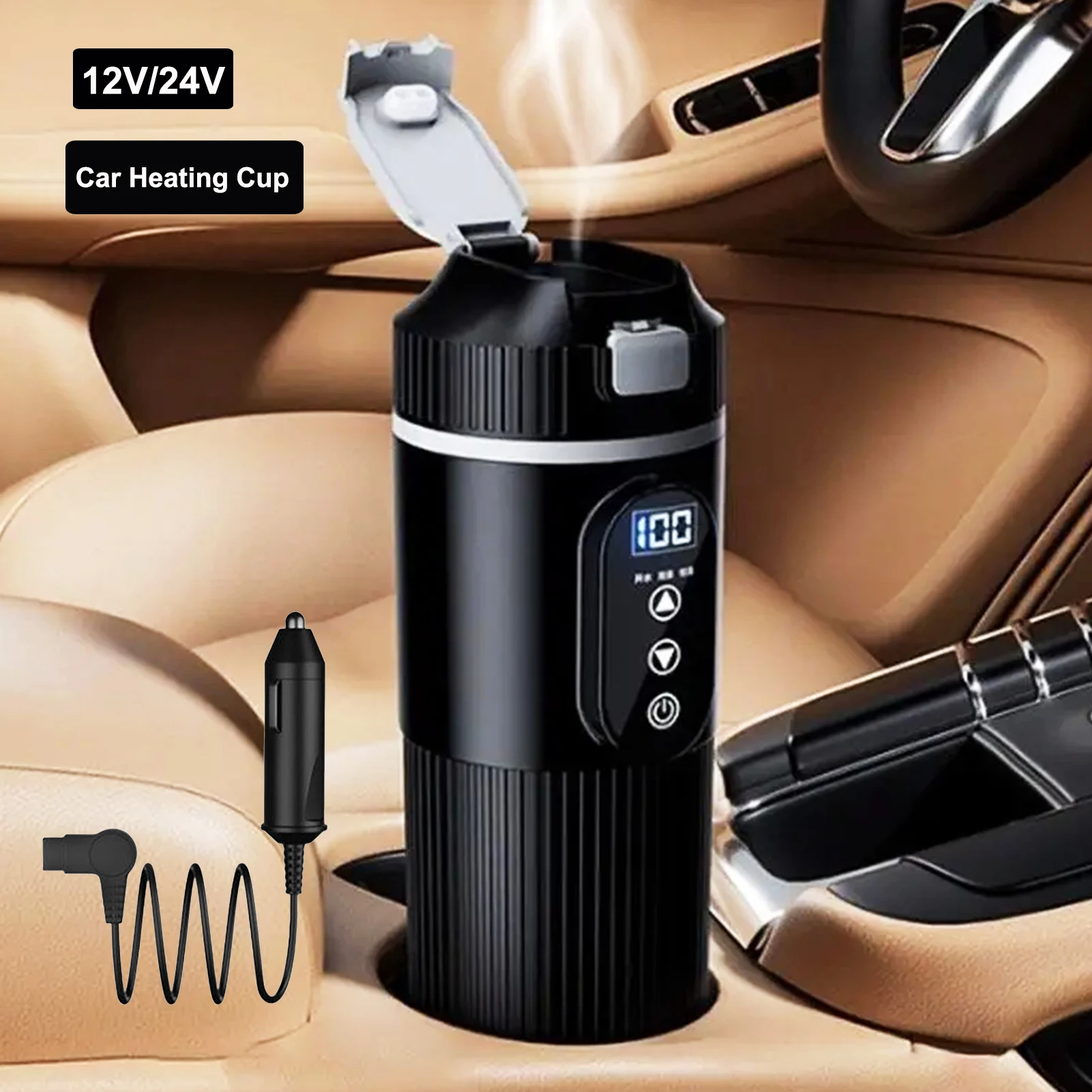 Portable Car Heating Cup 12V-24V 450mLStainless Steel Heated Mug Auto Coffee Cup Car Hot Water Boiler For Driving Camping