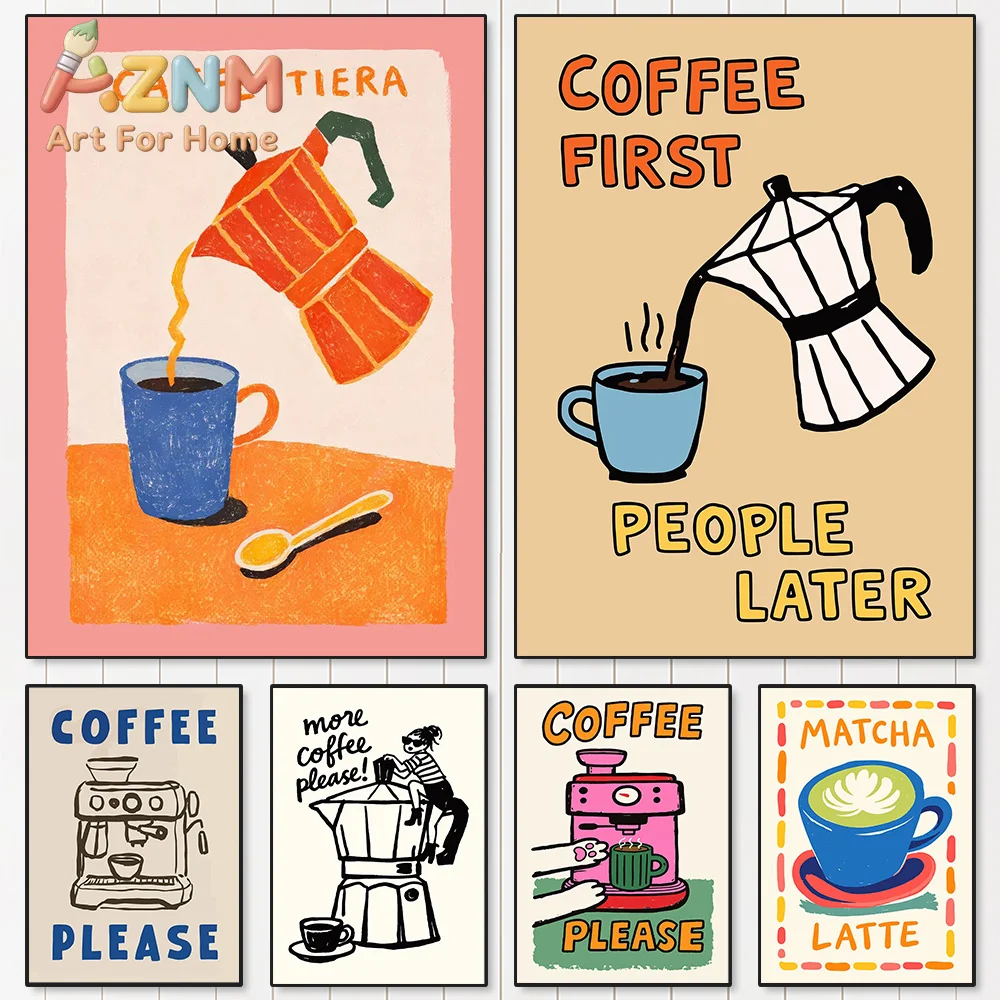 Italian Espresso Coffee Canvas Wall Art Poster Cafe Illustration Canvas Painting Prints Wall Pictures for Cafe Room Decor Gifts
