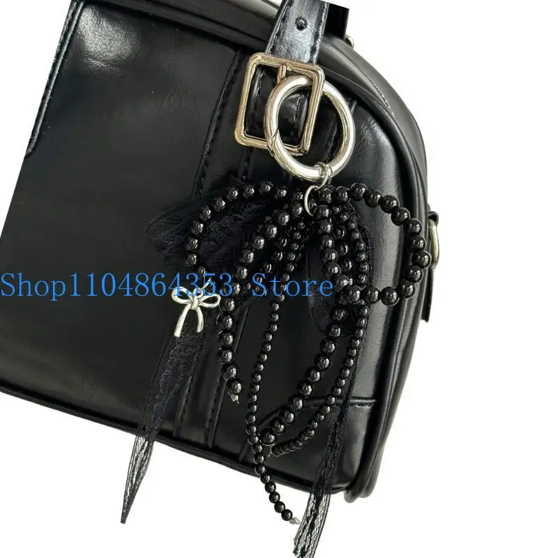 652F Bowknot Hanging Charm Imitation Pearls Beaded Bowtie Pendant Keychain Butterfly Knot Chain Jewelry for Women Girls
