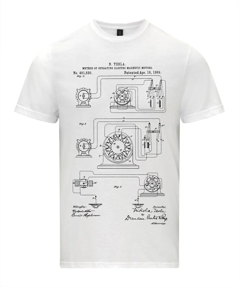 Nikola Tesla Operating Motor Patent Famous Inventor T-shirt Science and Innovation Technology Engineering Gift Short Sleeve Tops