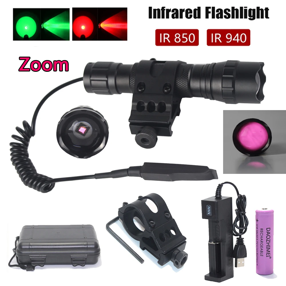 IR 850mm/940mm LED Flashlight Zoomable White/Red/Green Fishing Camping Hunting Photography Selfie Hiking Torch