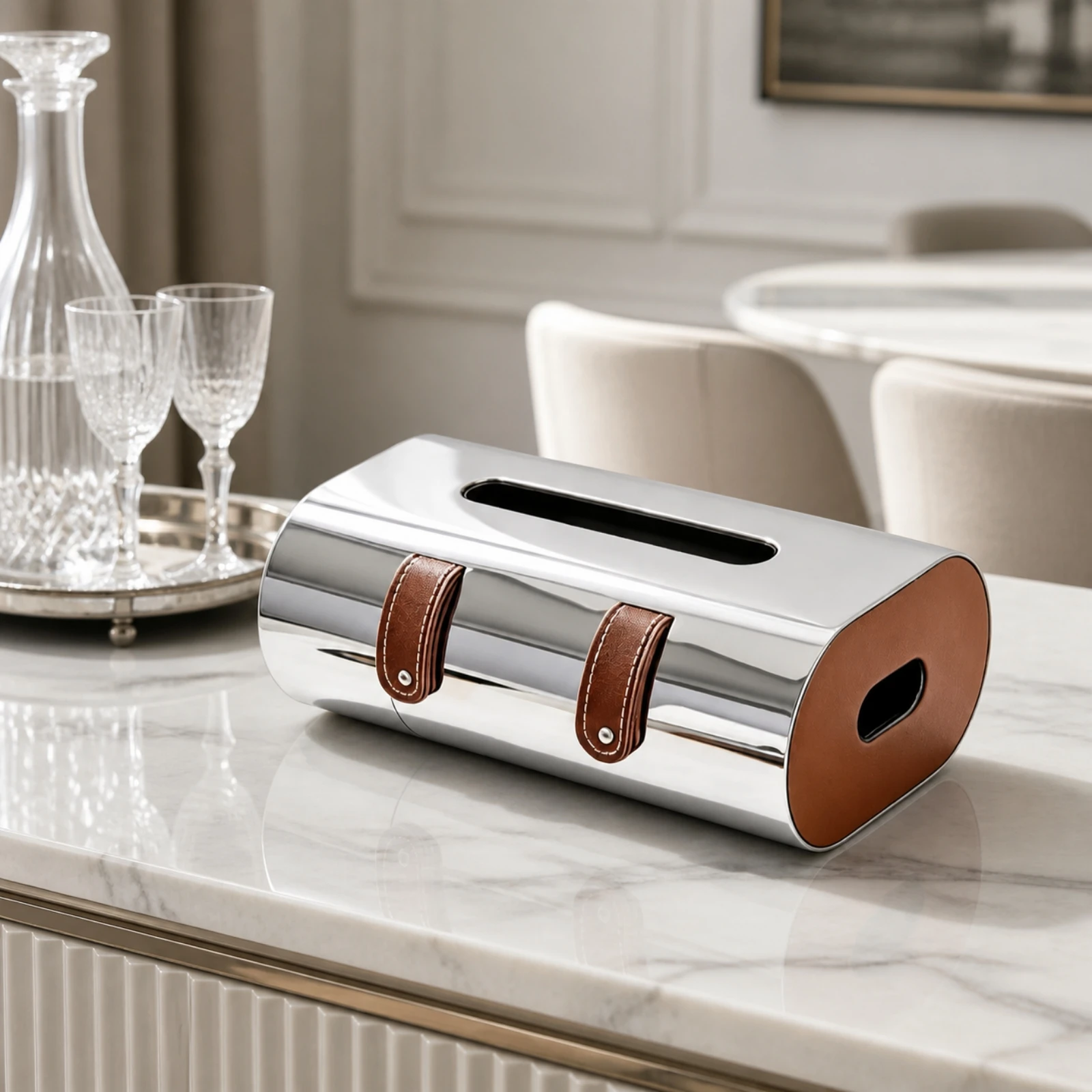 Geometric Tissue Box with Fastening Straps Sleek Extended Tissue Dispenser with Metal Rivets Minimalist Compact