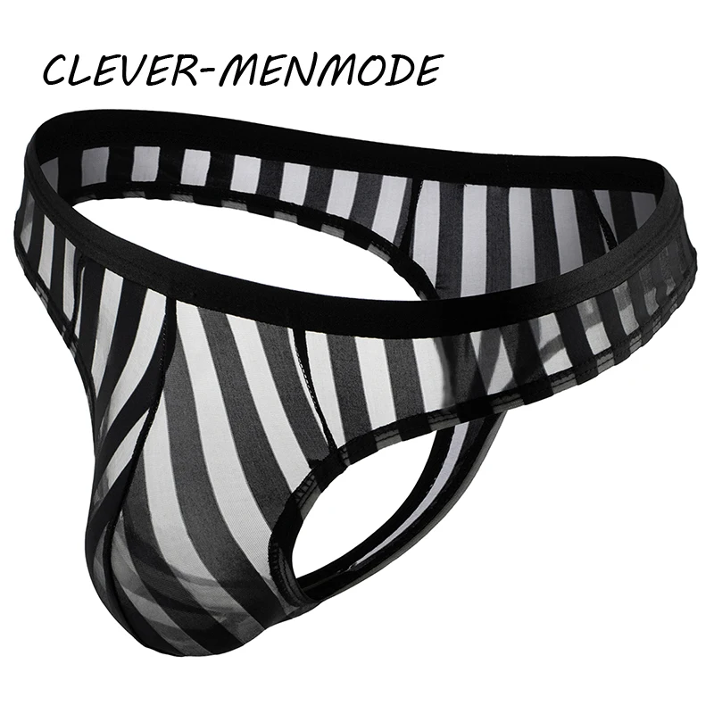 CLEVER-MENMODE Sexy Men\'s Underwear Transparent See Through Striped Thong Breathable Mesh Bikini U Convex Bulge Pouch Panties