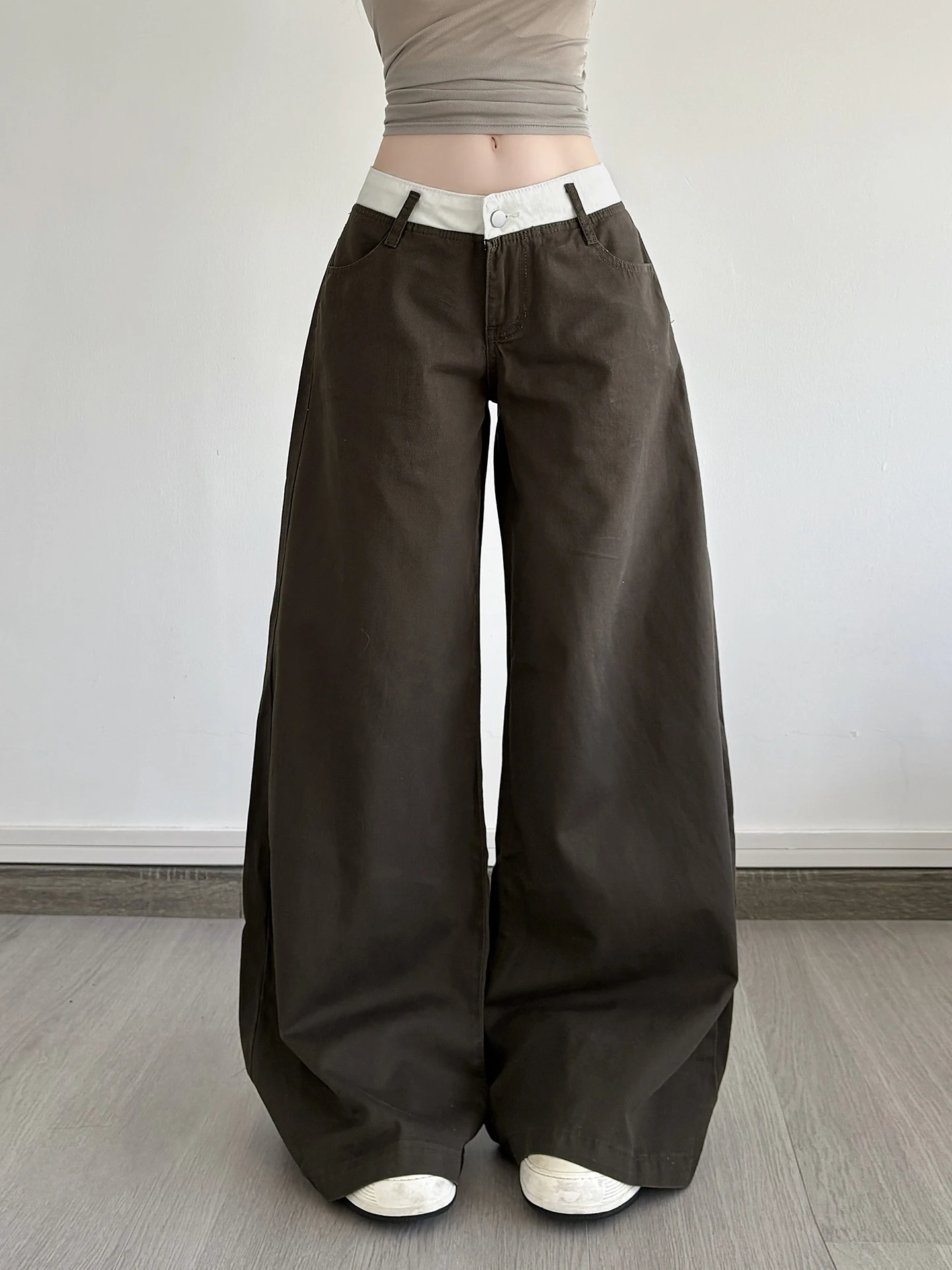 

WEEKEEP Low Waist American Retro Spliced Color Block Women's Jeans Loose Wide Leg Slimming Long Pants Girl's Fashion