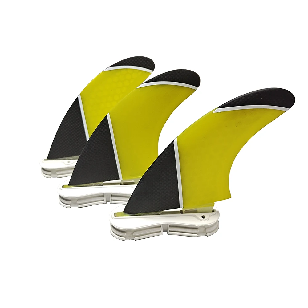 

Surf Fins Double Tabs 2 Fins PM-M Double Tabs 2 Tri fin set Fiberglass tri fins Upsurf surfboard fins Black/Yellow/Blue color