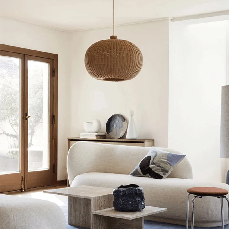 Vintage Rattan Pendant Light Bonbon Pendant Light Hemp Rope Rattan Wood Woven Light Kitchen Bedroom Dining Room Lantern Light