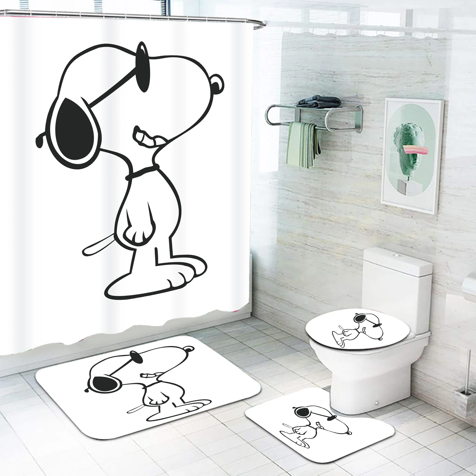 Snoopy Bathroom Accessories Shower Curtain 4 Piece Set Mats Anime Home Sets Luxury Decorations And Curtains For Waterproof