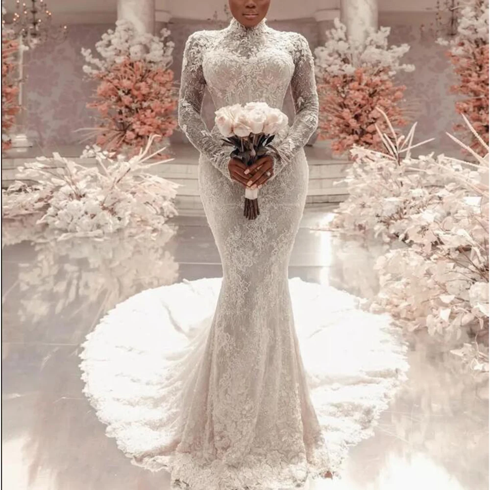 

Aso Ebi Arabic Mermaid Long Wedding Dresses High Neck Lace Appliques Bridal Gowns Customized Bride Formal Occasion Party Clothes