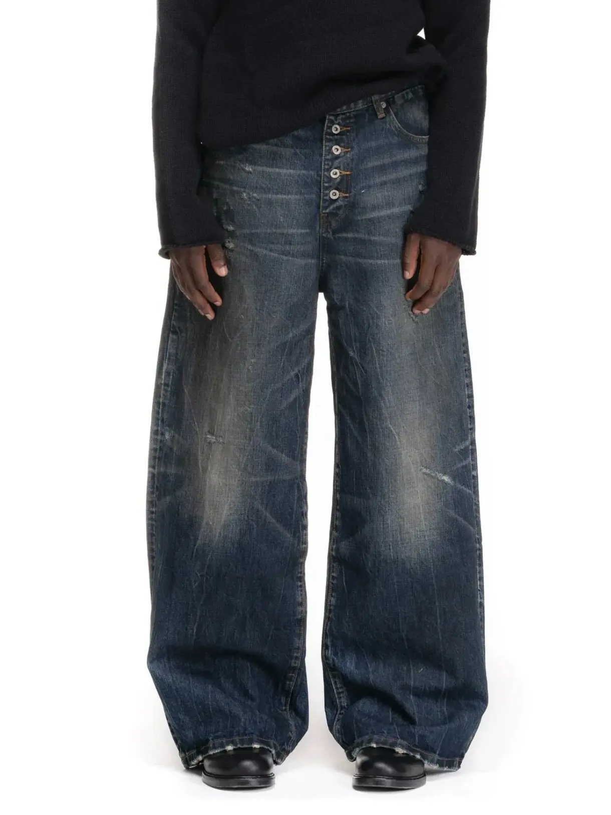nofaith twill midnight indigo blue buttoned straight baggy jeans loose fit