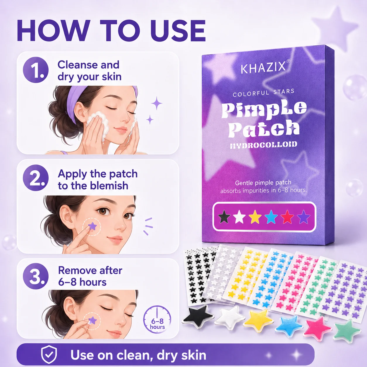 Star-Shaped Pimple Patches, 7 Color Hydrocolloid Acne Spot Covers, 125pcs, Ultra-Thin, Waterproof, Easy to Use
