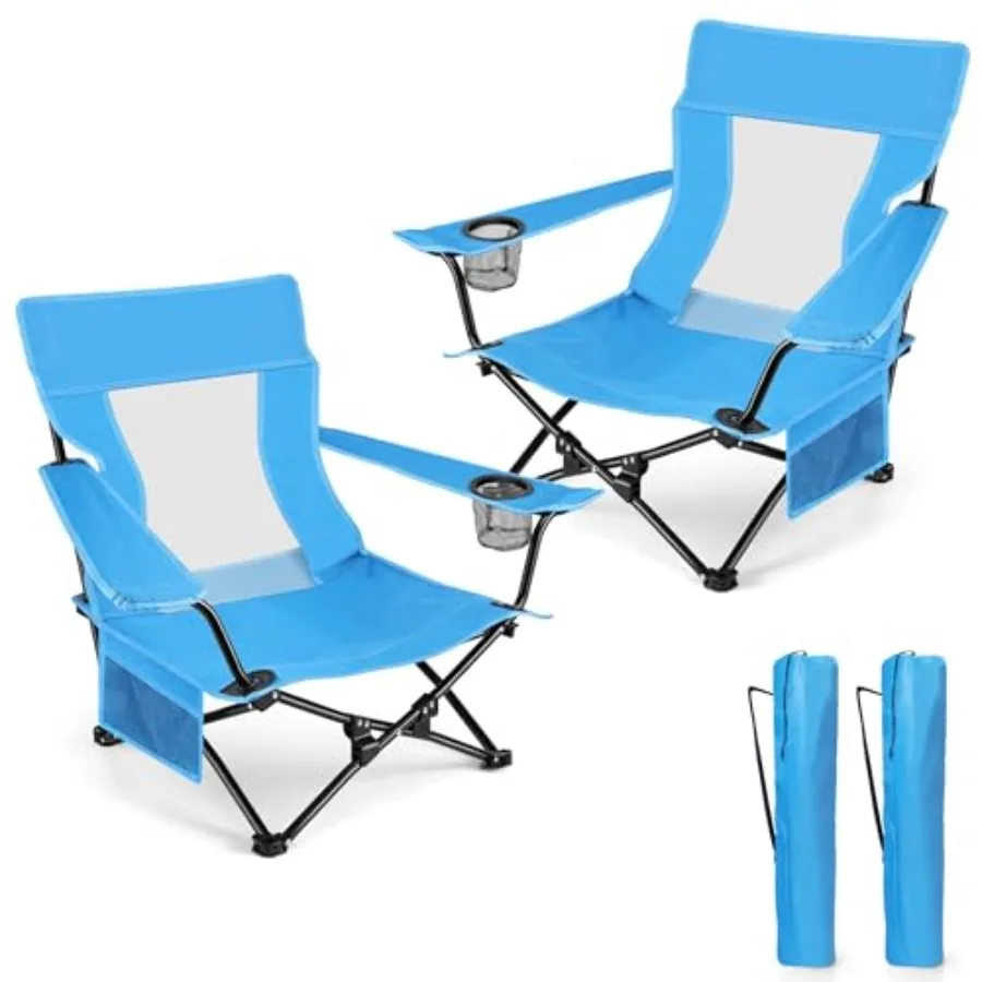

Folding Beach Chair Set of 2 Foldable Blue Camping Chairs for Outside Low Beach Chair Portable for Adults Fishing Picnic Outdoo