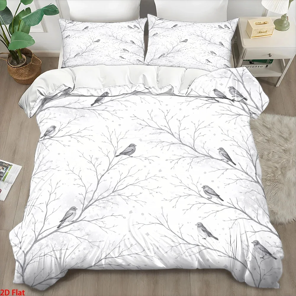 3Pc Minimalist Style Gray and White Branch and Bird Print Duvet Cover Set (1*Duvet Cover + 2*Pillowcases), Three-Piece Bedding Set Suitable for All Seasons, Machine Washable, Invisible Zipper Double Bed Cover, Suitable for Home, Dormitory, Master Bedroom, Guest Room, Large Duvet Cover Bedding Set, Ins-Style Bedroom Bedding Set, Nordic Minimalist Duvet Cover and Pillowcase Set, Easy to Clean Skin-Friendly Bedding Set, Artistic Fresh Floral and Bird Bedding, Specially Designed for Home Use Bedding, Export Bedding