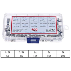 100Pcs 5x20mm 12V - 250V Fast-blow Glass Fuse Assorted Kit 0.2A 0.5A 1A 2A 3A 5A 8A 10A 15A 20A Amp  Fuses Tube Mix Set