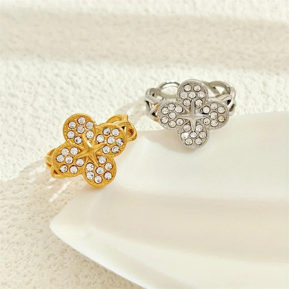 New Stainless Steel Cross Zirconia Ring Charms Fashion Four Leaf Clover Finger Rings Never Fade For Women Party Jewelry