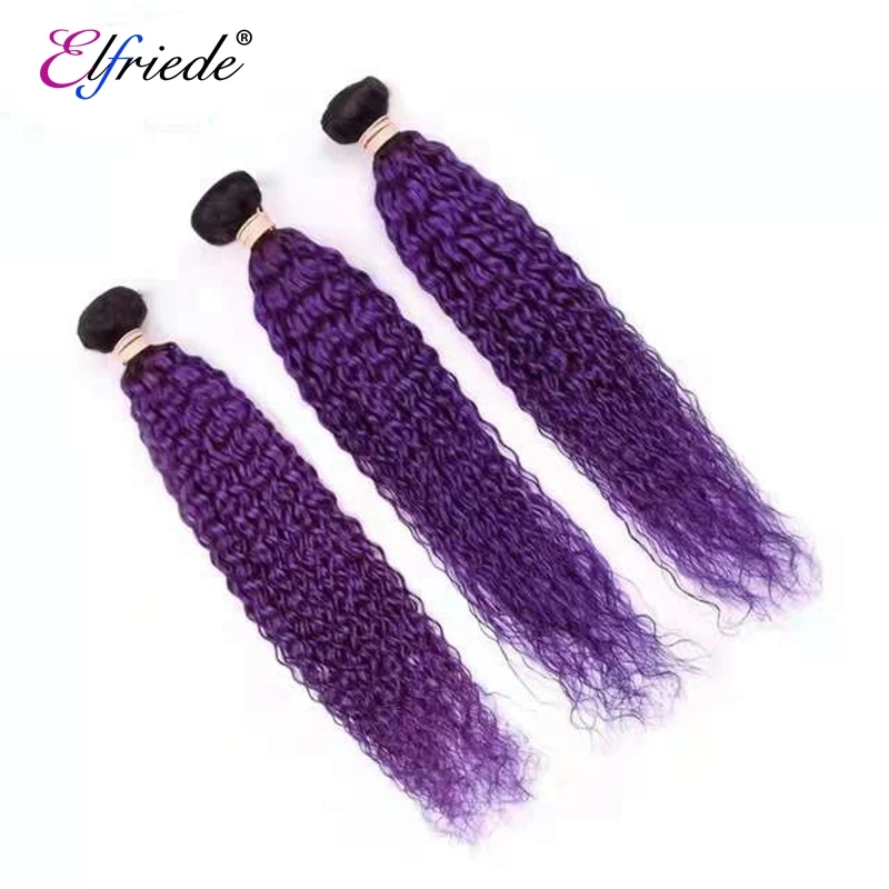 Elfriede #T1B/Purple Kinly Curly Human Hair Bundles with Closure Brazilian Remy Hair 3 Bundles with Closure 4x4 Lace Preplucked