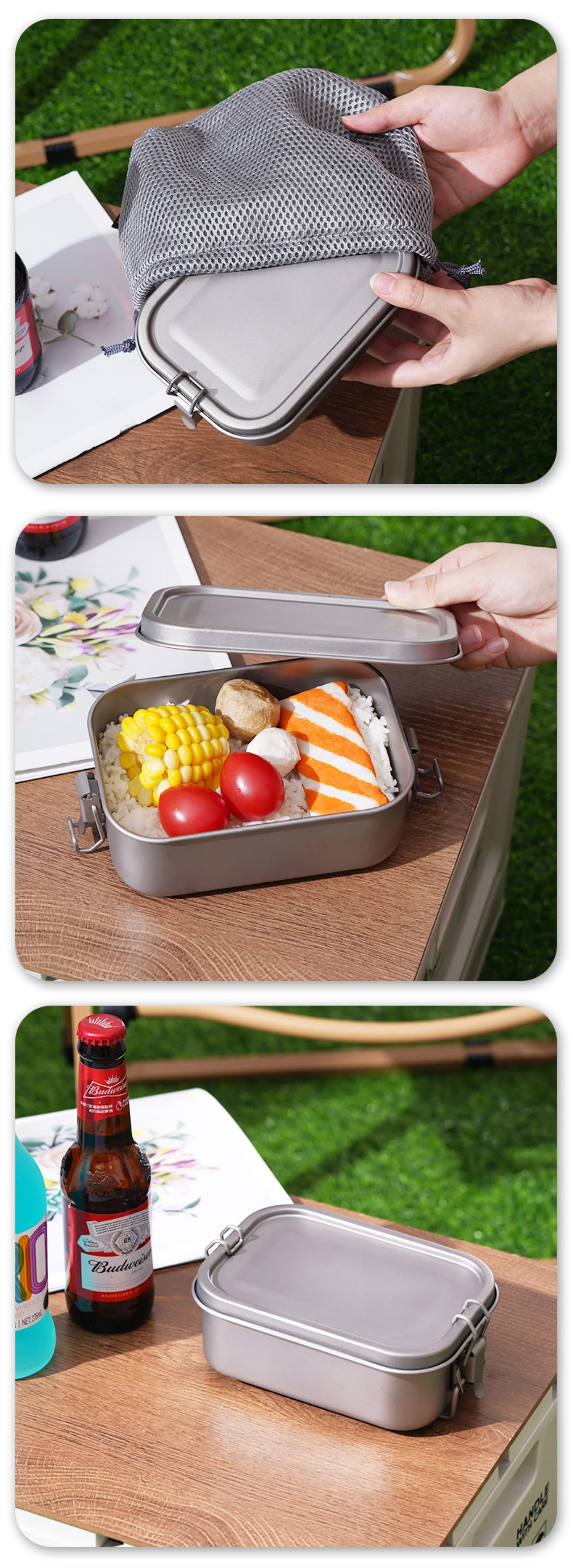 Lunchbox aus reinem Titan mit Deckel, Bento-Box mit Verschlussklammern, 800 ml oder 1200 ml, optionaler, zusammenklappbarer Griff, ideal für Camping und Arbeit. – Detail 7
