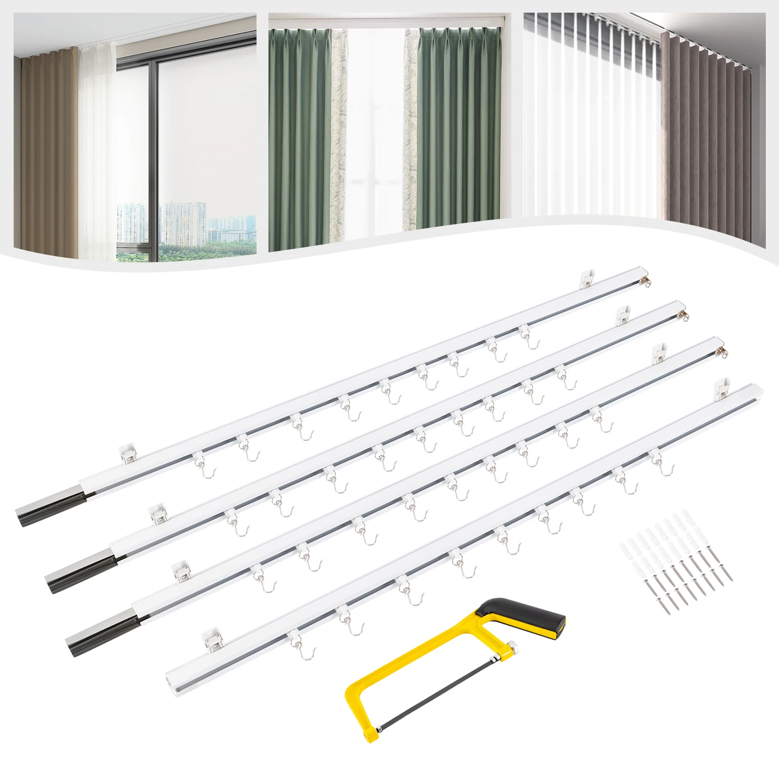 

Ceiling Mount Curtain Track Kit with Hooks Small Size for Space 9ft-12ft Wide Scalable Wear Resistance for Living Room/Bedroom