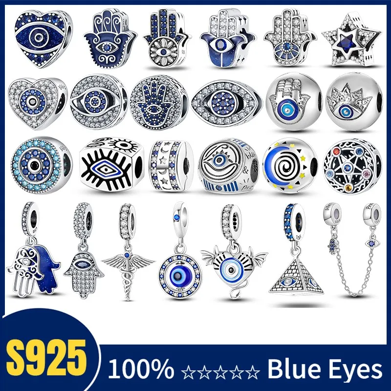 PAMELA 925 Sterling Silver Demon Evil Eyes Blue Charm Fatima Hand Bead For Original Bracelet DIY Jewelry Charms Plata De Ley