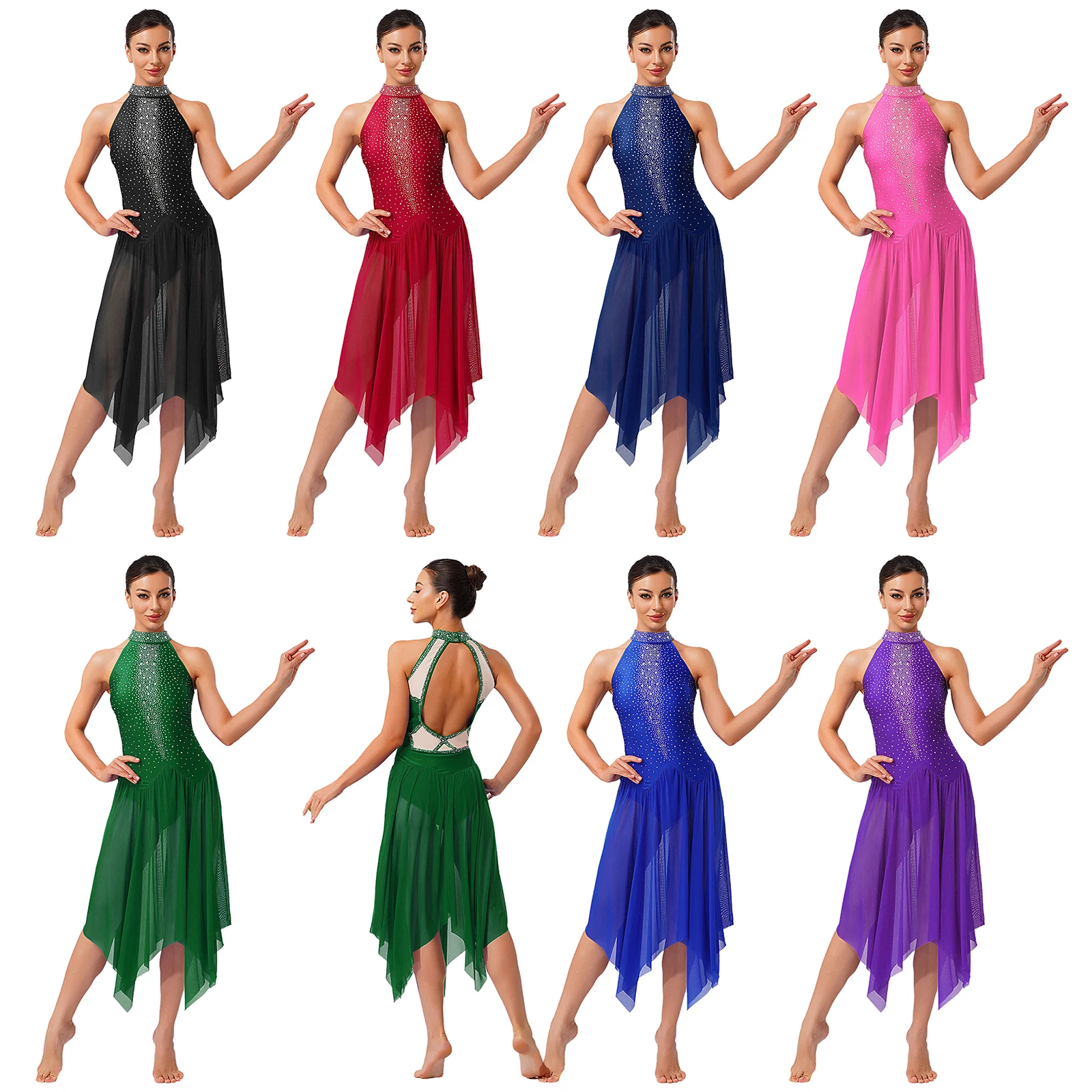 Womens Lyrical Dance Dress Back Hollow Out Leotard Dress Female Shiny Performance Clothing Figure Skating Gymnastics Active Wear