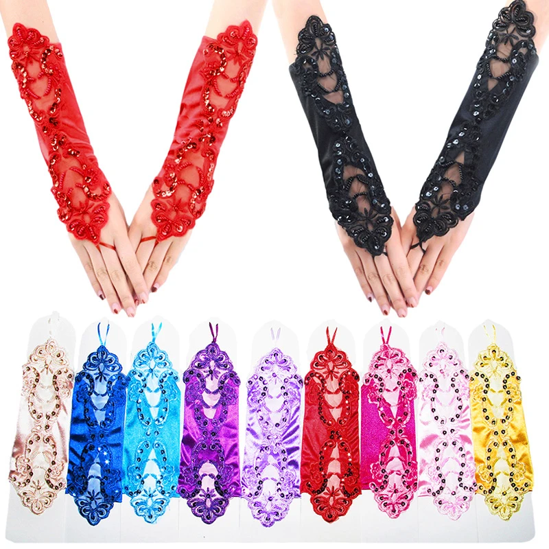 

1 Pair Bridal Sequin Lace Gloves Embroidered Fingerless Long Multicolor Gloves Fashion Women Wedding Female Party Satin Gloves