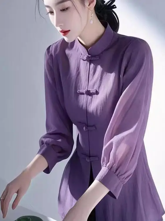 

New 2025 Chinese Sle Purple irt Spring Faion High-End Lightweight Design National Sle Button Women's Outerwear