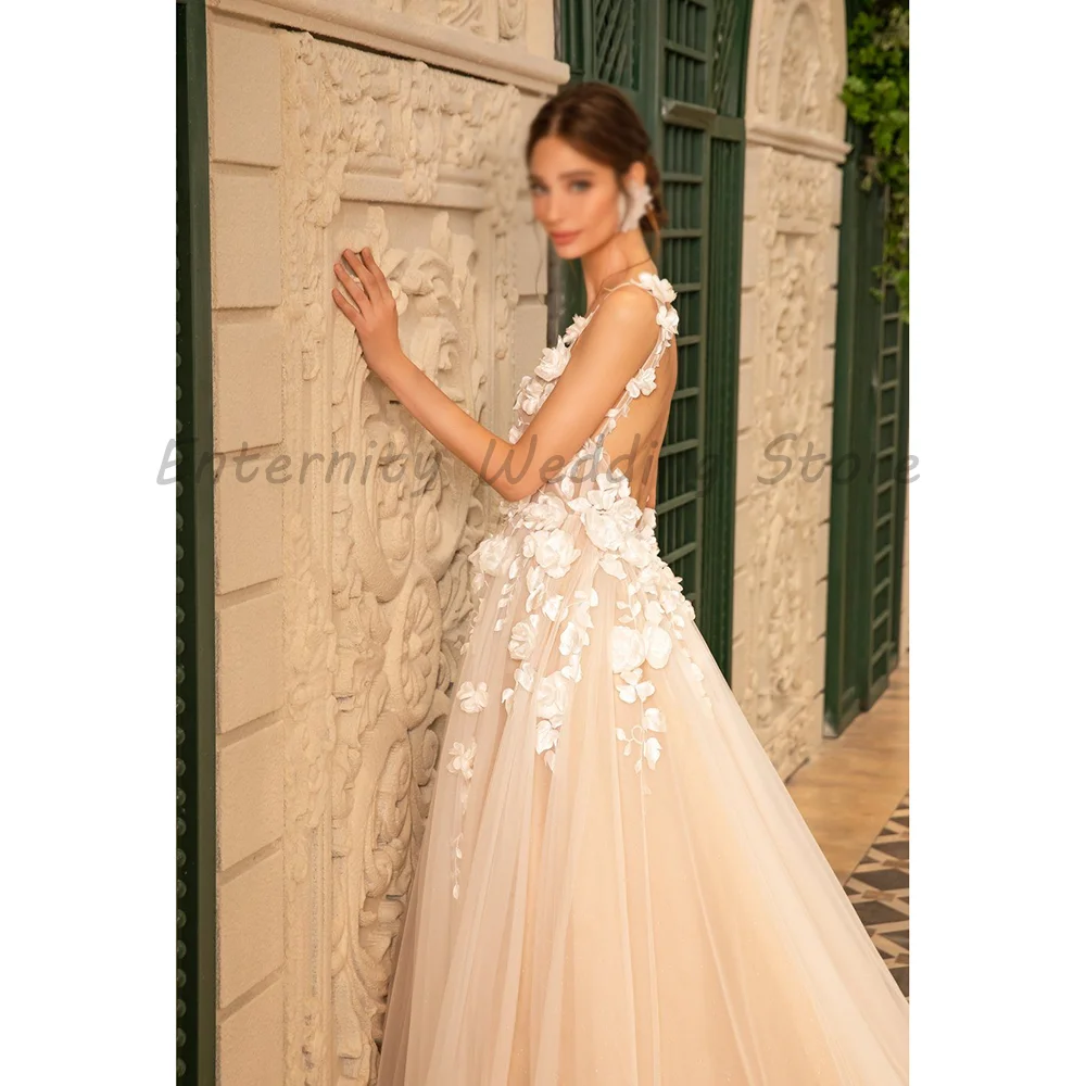 Champagne A‑Line Wedding Dress Deep V Neck 3D Floral Appliques Tulle High Slit Open Back Bridal Gown