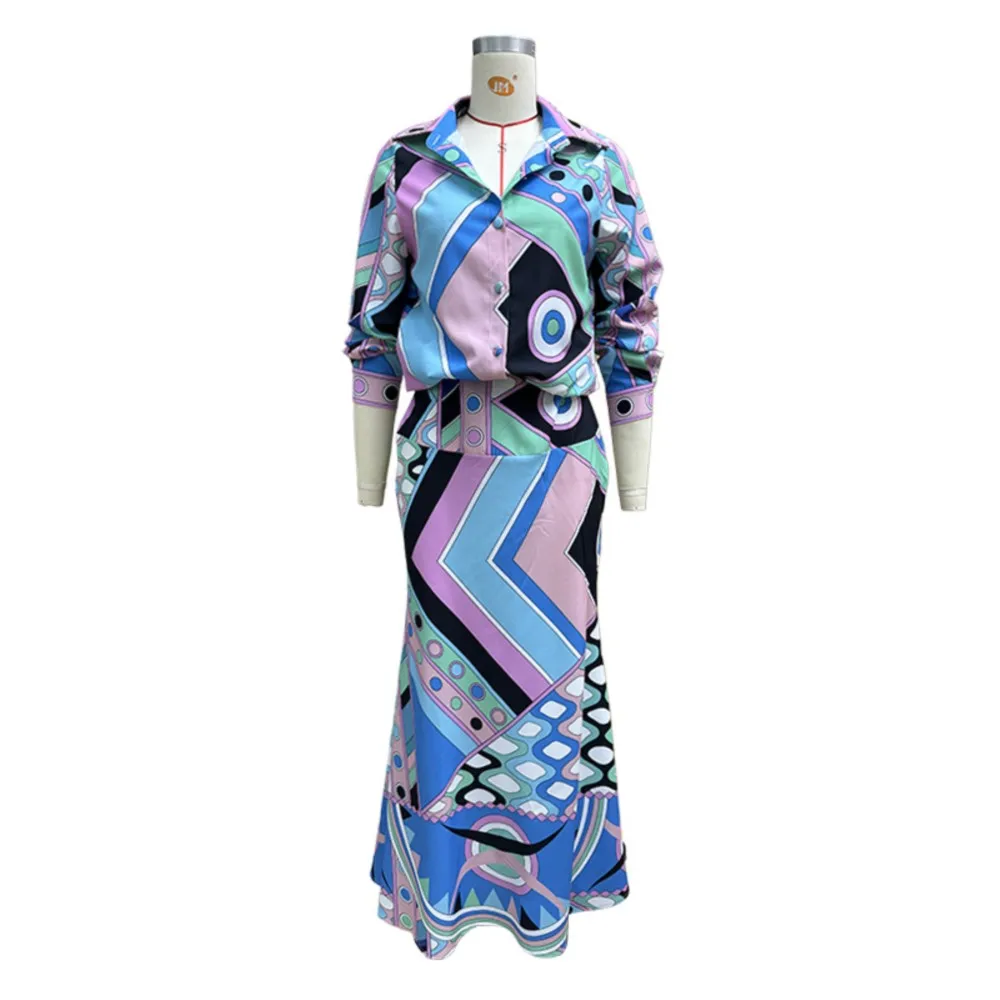 Elegant Collar Geometric Printed Shirt Maxi Skirt Two Piece Set 2025 Spring New Women\'s Fashion Long-Sleeved Shirt Skirt Sets