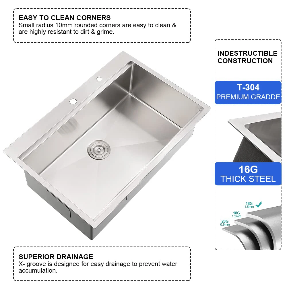 حوض المطبخ الحديث مقاس 30 بوصة، وعاء واحد، حوض محطة عمل Topmount مصنوع يدويًا مع الملحقات