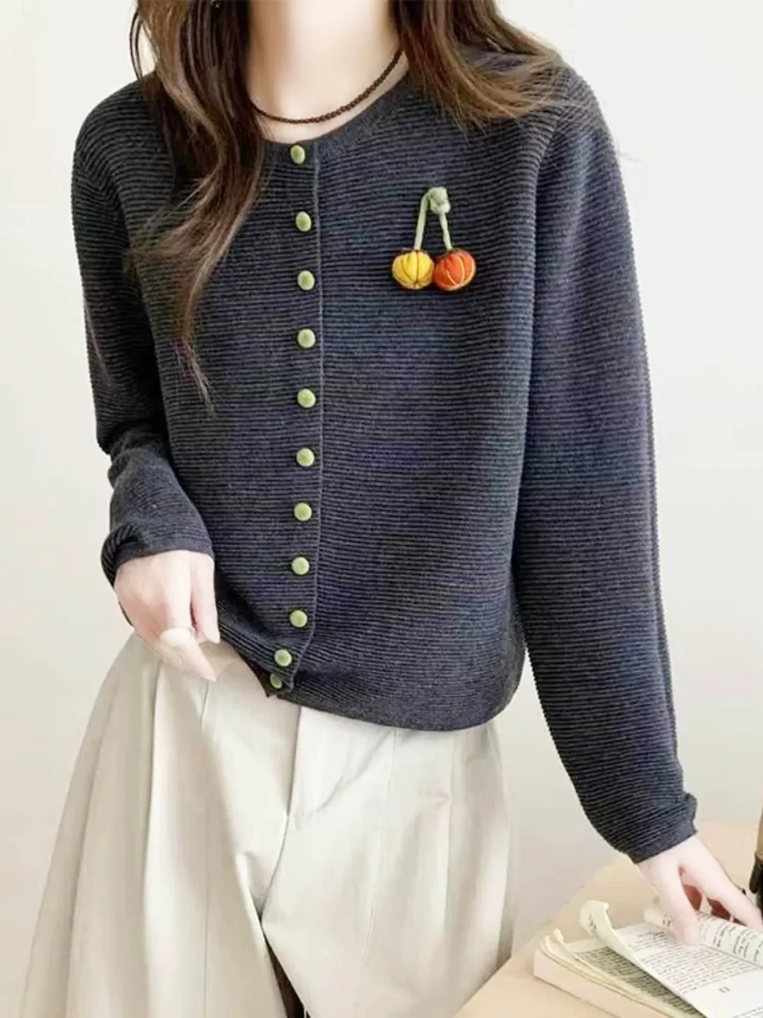 Spring Autumn 2026 round Neck Fashionable Small Pumpkin Long Sleeve Loose Knitted Open Cardigan Outerwear Women Casual Style