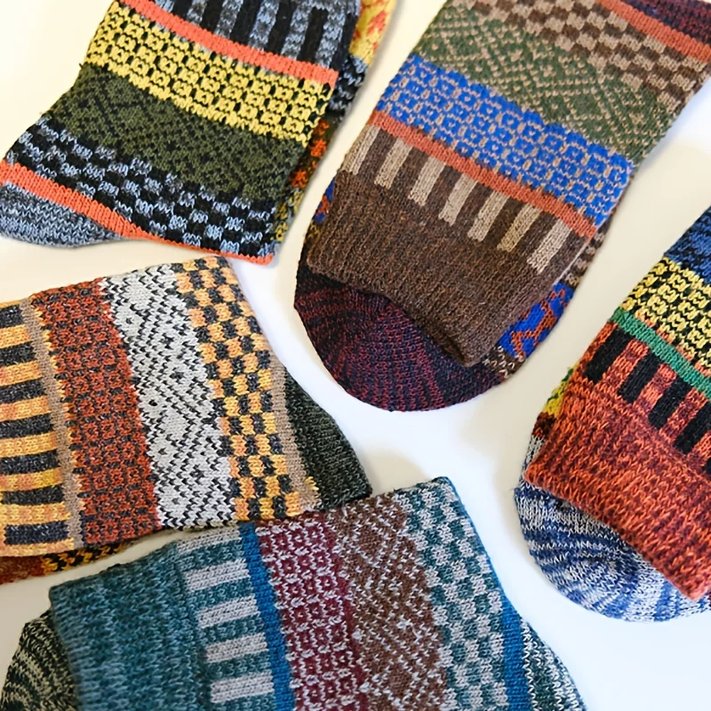 

5 pairs of men's autumn and winter warm rabbit socks with thick vertical stripes, men's ethnic style socks, mid tube socks