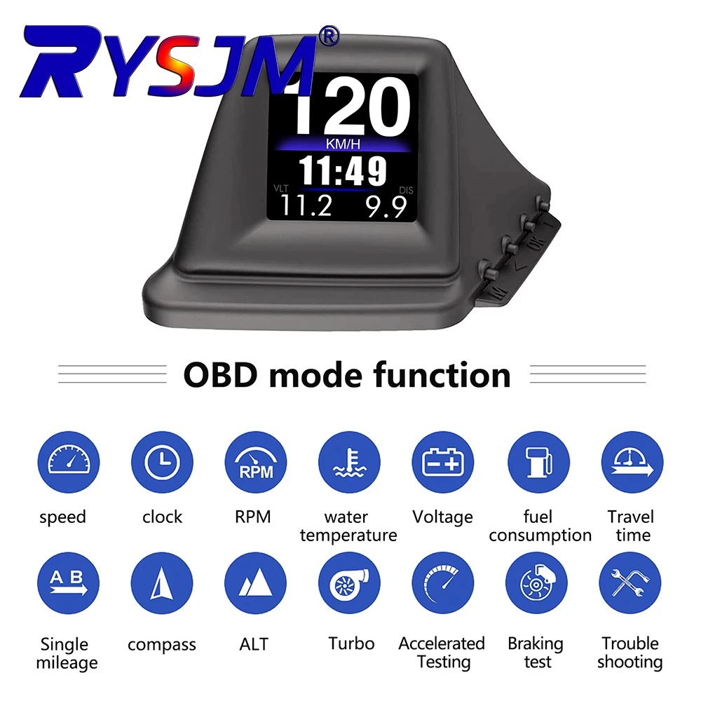 Novo Gadget HUD Multifuncional OBD2+GPS, Computador de Bordo para Instalação no Pilar A, com RPM, Turbo, Pressão do Óleo, Temperatura da Água e Velocí