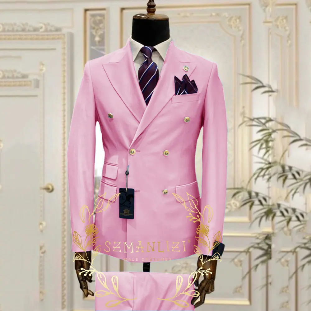 Slim Fit Male Suits 2 Pieces Peak Lapel Double Breasted Wedding Tuxedos Groom Business Wear Best Man (Blazer+Vest) Costume Homme