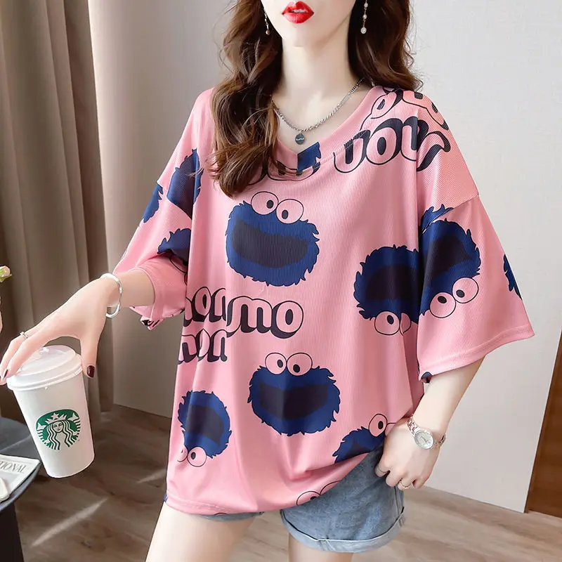 Fashion V-Neck All-match Printed Casual Blouse Women's Clothing 2023 Summer New Oversized Korean Pullovers Loose Commute Shirt