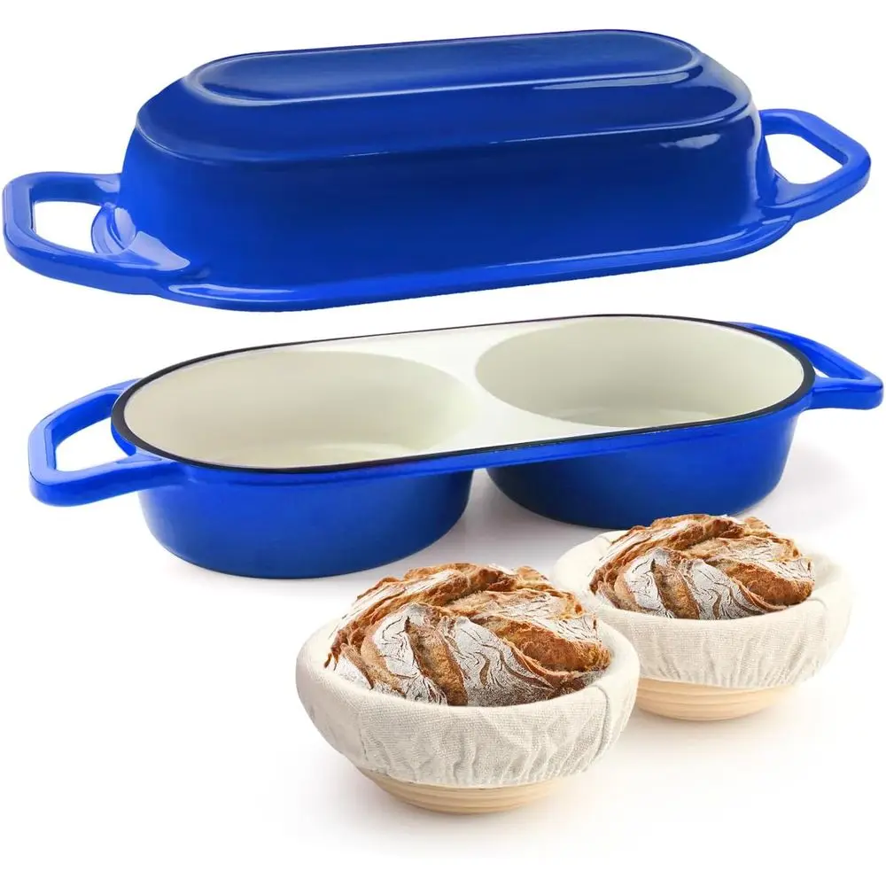 

Mini Double Dutch Oven or Sourdough Bread Bg - Enameled Cast Iron Dutch Oven Pot with Lid and 5" Banneton Bread Prooing Basket K