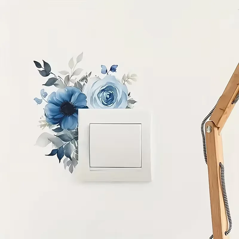 1 piece of modern blue floral switch board cover sticker - self-adhesive waterproof PVC wall sticker for bathroom decoration