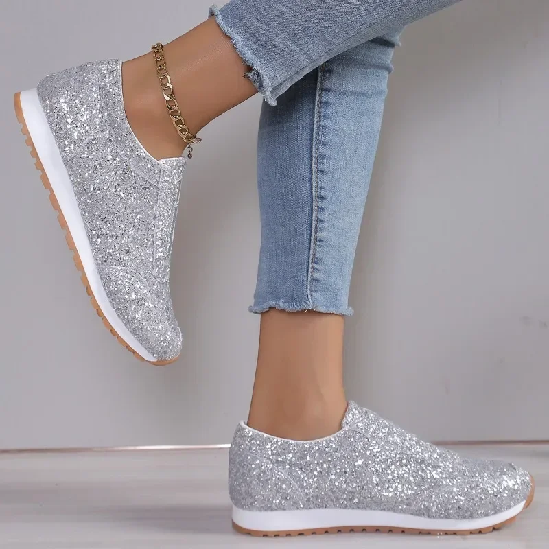 Fashionable women\'s shoes for spring 2024, new large sequin casual sports shoes, comfortable and lightweight women\'s flat shoes