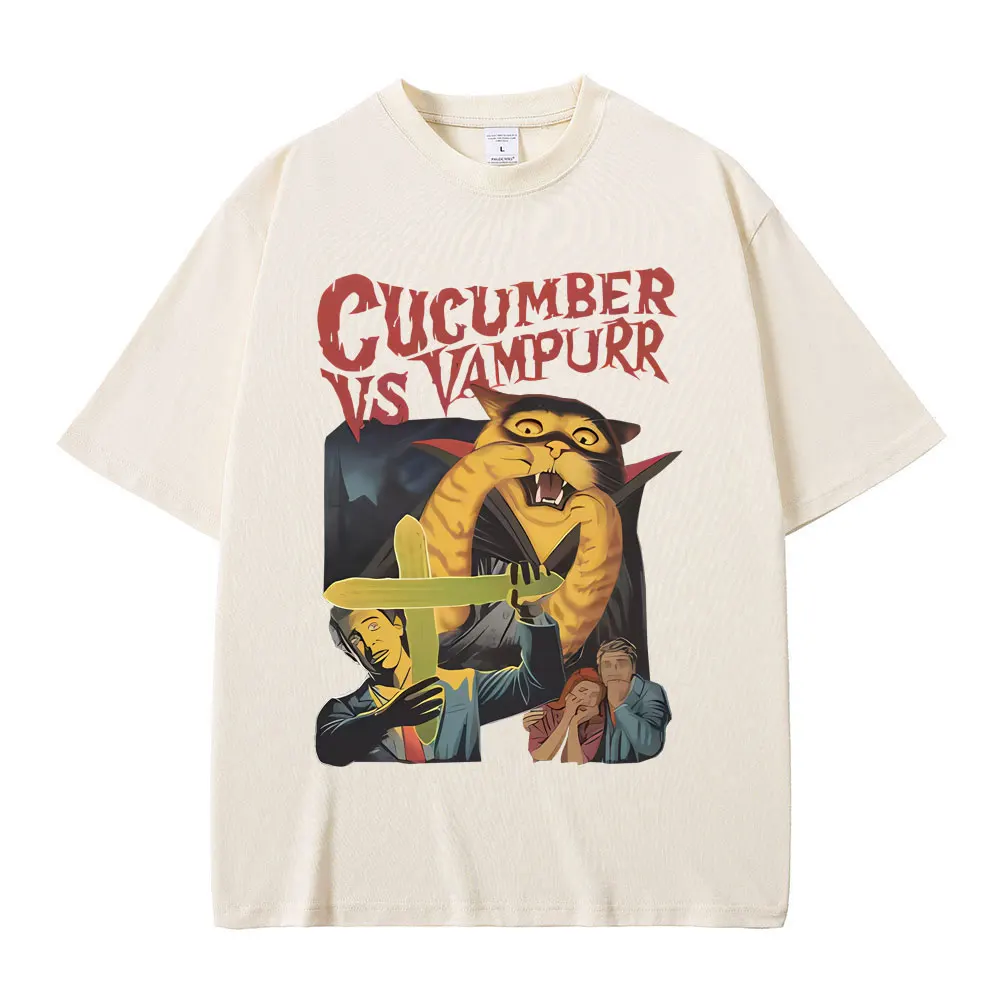 Funny Cucumebr Vs Vampurr Cat Tshirt Vintage The Return of Vampurr Cats Meme T-shirt Men Women Fashion Casual Oversized T Shirts image 5